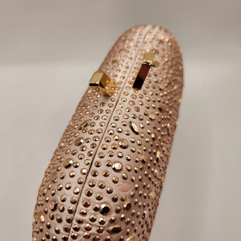 Olga Berg Faye Oval Hard Case Clutch  Rose Gold Tone Hotfix Rhinestone Bag A